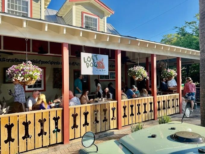 Diners seated on the outdoor patio at Lost Dog Cafe, with hanging flower baskets and dog bone railings along the porch.