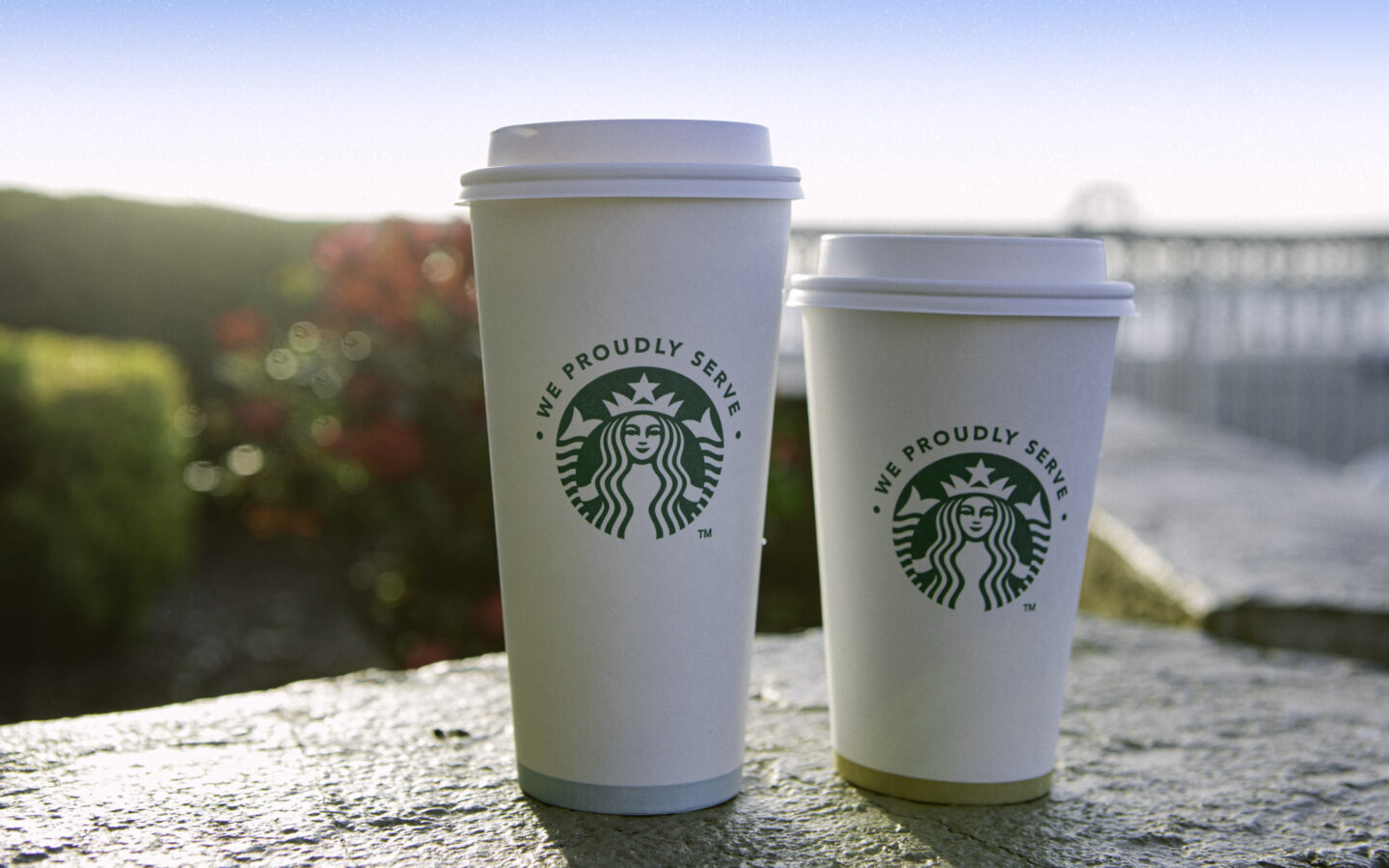 Two Starbucks coffee cups on a ledge with flowers and a pier blurred in the background.
